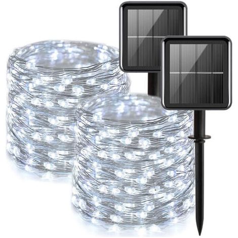 [Lot de 2] Guirlande Lumineuse Solaire Extérieure, 100 PCS Guirlande Solaire Étanche LED 12M Guirlande en Fil de Cuivre à 8 Motifs pour Jardin Patio Mariage Fête de Noël, Blanc Froid (1/5)