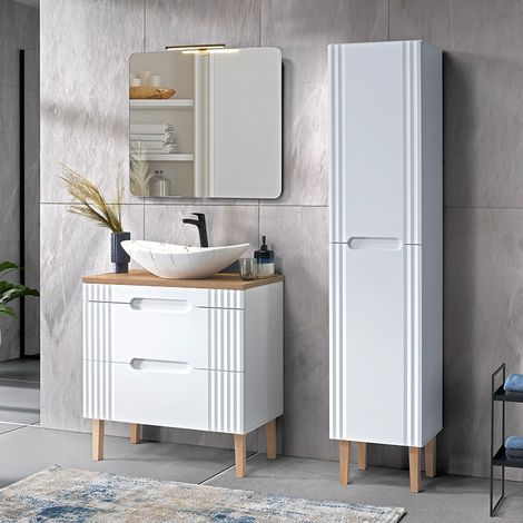 Badmöbelset weiß mit 80cm Waschtisch, Waschbecken, Hochschrank, LED-Spiegel, FAIRFIELD-56 (1/5)
