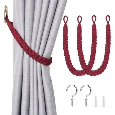 Lot de 2 embrasses de rideaux en corde de coton naturel - Style bohème élégant - Décoration pour drapé - Cordons doux tissés à la main avec crochet métallique pour décoration de maison et (1/5)