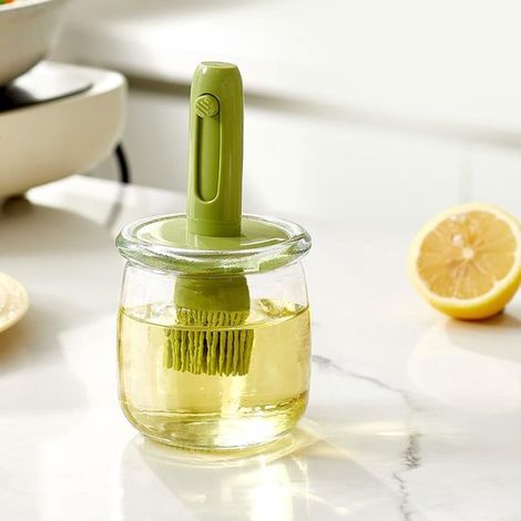 Dispensador de aceite de oliva de vidrio 2 en 1 con cepillo de silicona extensible: botella aceite prueba fugas cocinar, hornear cocina (VERDE) (1/3)