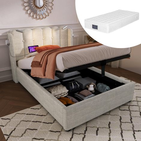 , Lit rembourré,  lit simple,  lampe de lecture avec fonction de recharge,  tête de lit,  espace de rangement,  cadre de lit,  revêtement en lin,  lit enfant 90x200 avec sommier à lattes... (1/5)