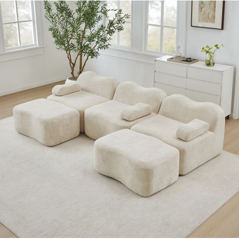 Canapé modulable en velours beige en U avec 2 ottomans, assise profonde (1/5)