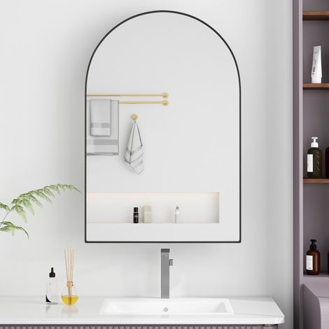 Armoire à miroir cintrée élégante, armoire à pharmacie encastrée, armoire murale avec cadre en métal, miroir et étagères réglables, armoire à miroir avec rangement pour salle de bain, salon et chambre
