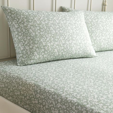 Drap-Housse Vert Sauge à Motif Floral 200 x 150 x 28 cm Drap de lit en Polycoton Housse de Couette Assortie Disponible Drap de lit Vert avec Feuille (1/2)