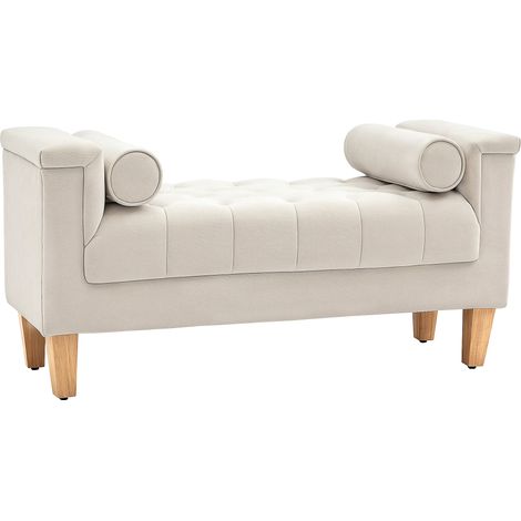 Banco tapizado beige de chenilla con brazos y cojines, estructura de madera HOMVRA 115 x 44 x 58 cm (1/5)