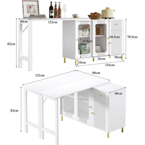 Buffet blanc moderne avec plateau rabattable et extensible, surface pivotante, pieds dorés en métal, portes coulissantes en verre à motif ondulé – Idéal pour salle à manger et cuisine. (1/5)