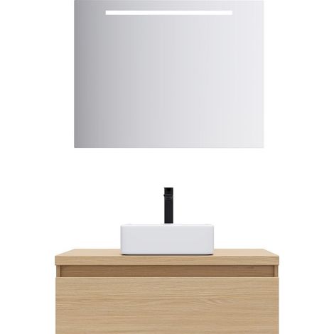 Meuble de salle de bain suspendu vasque à poser 90cm 1 tiroir Chêne clair + miroir - Hudson (1/5)