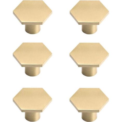 Set of 6 brass cabinet handles, gold-plated furniture handles, single-hole hexagonal handles for kitchen, office, wardrobes, and dressers