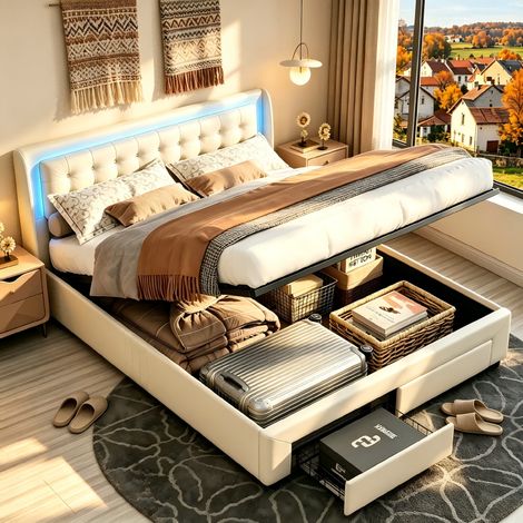 Lit double coffre rembourré 140x190, lit adulte avec LED et 2 tiroirs, Cadre de Lits Capitonnée 2 Personnes, tête de lit en velours, Beige, sans matelas, MDF