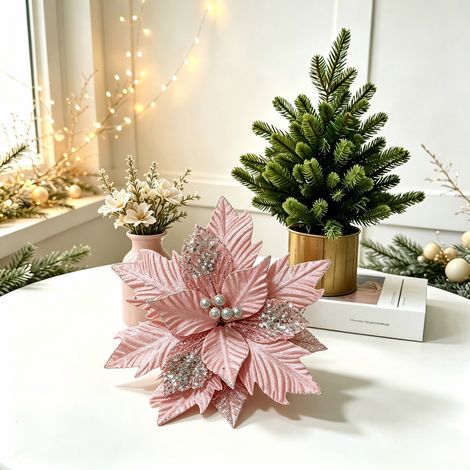 Weihnachtsdekorationen, Weihnachtsstern, Goldpuder, Perlen-Weihnachtsbaumzweige, bunte Stoffblumenköpfe, DIY-Dekorationen