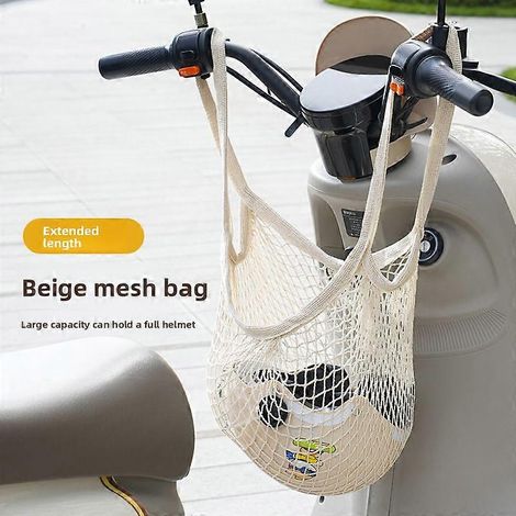 Sacoche filet de rangement pour moto (beige - longue), porte-casque avant en filet élastique pour vélos et scooters électriques, compatible avec les casques intégraux, sac de transport multi-usages (1/5)