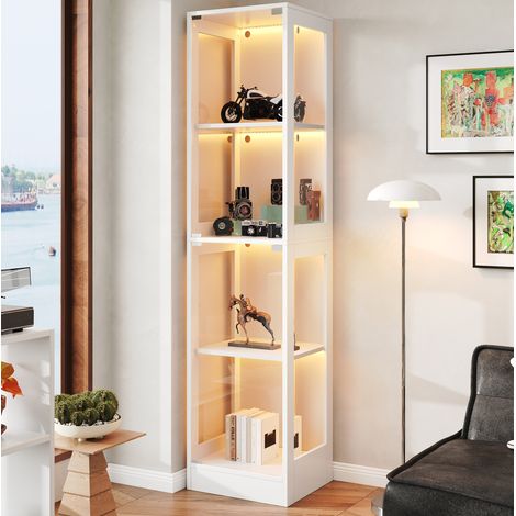 Vitrine en MDF et verre trempé blanc 40 x 35 x 170 cm, 4 niveaux, LED pilotée par application, porte push-to-open (1/5)