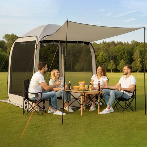 Campingzelt, 182,88x182,88x219,4 cm, Pop-up-Zelt mit ausziehbarer Markise, tragbares Partyzelt für 4-6 Personen, inkl. Tragetasche & Seitenwänden, für Terrasse & Outdoor-Aktivitäten, Beige (1/5)