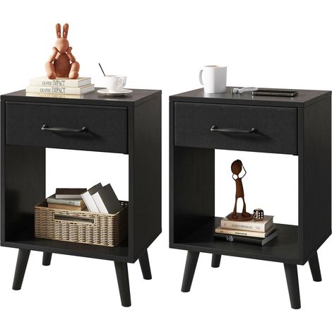 Lot de 2 Tables de Chevet, Table d'Appoint, Commode de Chevet, Tiroir en Tissu avec Poignée, Étagère Ouverte, Pieds en Bois Massif, Style Industriel Rétro, pour Chambre, Salon, Noir HST020B-2 (1/5)