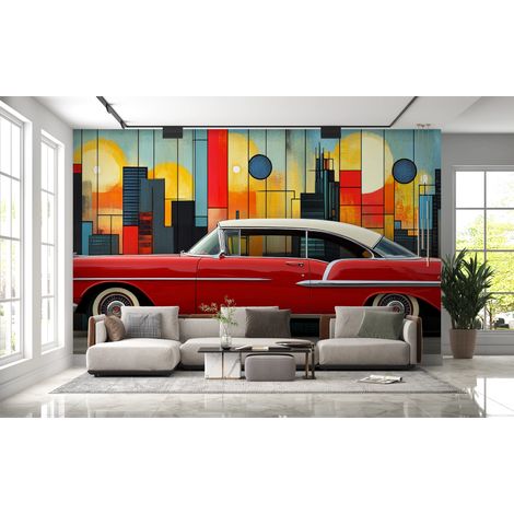 Papier peint voitures - coupé classique rouge devant des formes géométriques - 150 x 250 cm (1/2)