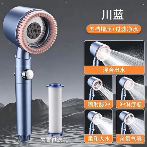 (Bleu Glacier) Pommeau de douche spa massant 5 modes avec filtre, haute pression, économie d'eau, arrêt d'eau en une seule touche, douchette de salle de bain (1/5)