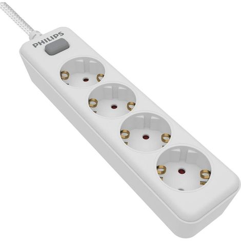 Philips SPN1142WA/10 - Bloc multiprises de 4 prises Schuko, prises multiples, extension anti-vol, protection enfants contre les surtensions, interrupteur marche/arrêt, Cable 2 mètres - Couleur Blanc (1/5)