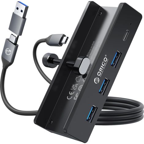 Hub USB, Hub USB 3.0 en Aluminium avec Port d'alimentation 5 V, Adaptateur USB C 4 Ports avec 3 USB-A 3.0 et 1 USB-C 3.0, 5 Gbps, câble de 100 cm (C vers A/C), pour moniteurs, Bureaux, Noir (1/5)