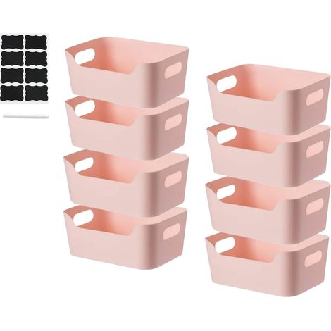 Lot de 8 boîtes de rangement avec poignées, paniers de rangement à façade basse, boîtes en plastique pour cuisine et salle de bain, bacs organisateurs pour étagères et placards. (Rose) (1/5)