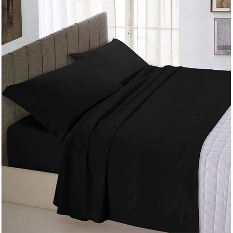 Set Lenzuola Letto Matrimoniale Cotone Max Color, Lavorato in Italia - Completo Letto, Lenzuolo sotto con Angoli, Telo sopra 240x300 cm e 2 Federe con Patella Interna, Nero (1/5)