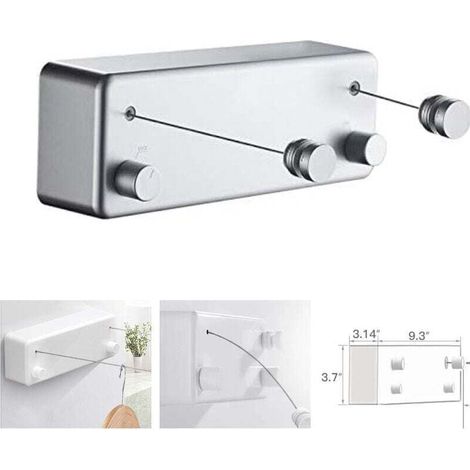 T-Corde à linge rétractable pour intérieur et extérieur, 2 fils à linge de 13.8Feet en acier inoxydable, Pas besoin de percer des trous fixation murale - Blue Grey (1/4)