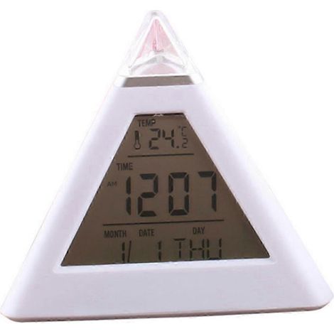 Réveil de bureau pyramidal à LED avec affichage de la température et de la date, idéal pour le salon et la chambre. (1/4)