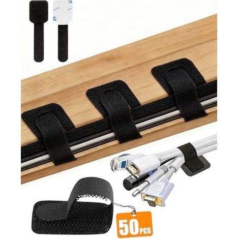 50 PCS Gestion des Câbles sous Bureau. Attache Câble Nylon Autocollantes. Scratch Réglables Organisateur de Câble. Adhésif Fort. Rangement Cable Bureau pour TV.PC.Ethernet (Noir) Noir - (1/5)