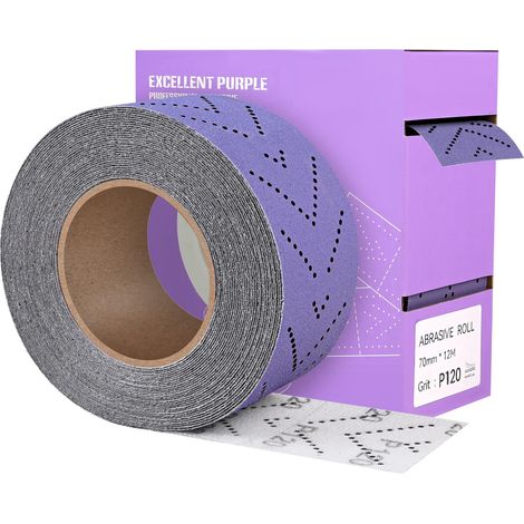 Rouleau de Papier Abrasif Grain 120, 70 mm x 12 m Rouleau de Feuille de Ponçage Multi-Trous Prédécoupé Papier de Verre Céramique Violet pour Le Bois, Le Métal, Le Ponçage Automobile (1/5)