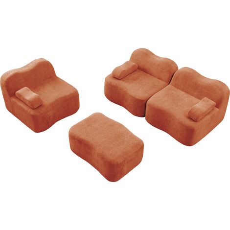 Divano modulare angolare L a 3 posti senza struttura con 1 pouf, velluto arancione (1/5)