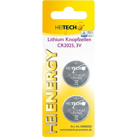 Heitech Lithium Knopfzellen, 2-er Pack, CR2025, 150 mAh, 3 V
