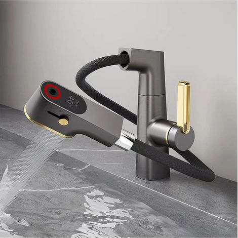 Waschtischarmatur mit 3 Strahlarten Armatur Waschbecken mit ausziehbar Brause 360-Grad-Drehung Wasserhahn bad wassersparend Mischbatterie Einhebelmischer für Badezimmer-gun gray