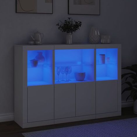 Ensemble de 3 Meubles Bas de Cuisine en Bois d'Ingénierie Blanc avec Éclairage LED Intégré, Buffet et Desserte Moderne pour Salle à Manger (1/5)