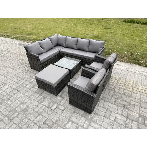 Fimous Rattan Garden Furniture Sets High Back Corner Sofa Square Coffee Table Set with Big Footstool 2 Armchairs Dark Grey Mixed