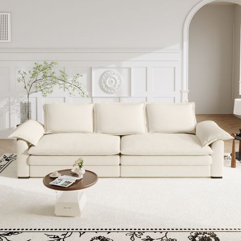 Dreisitzer-Sofa aus Cord, Wohnzimmersofa mit 2 Armlehnenkissen, abnehmbar und waschbar, einfach aufzubauen, 265x86x88cm, Beige, für Wohnzimmer, Büro