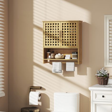 Armoire Murale Salle de Bain Bambou, 2 Portes Ajourées, Compartiment Ouvert, Bois Naturel (1/5)