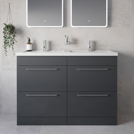 Napoli 390 Gloss Grey 1200mm 4 Drawer Vanity Unit with Double Lucia Basins - 1200mm - Chrome 320mm Handle