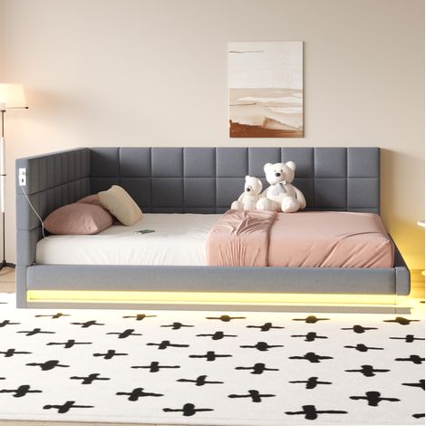 Divano letto 160x200 cm grigio in lino con luci LED e porta USB (1/5)