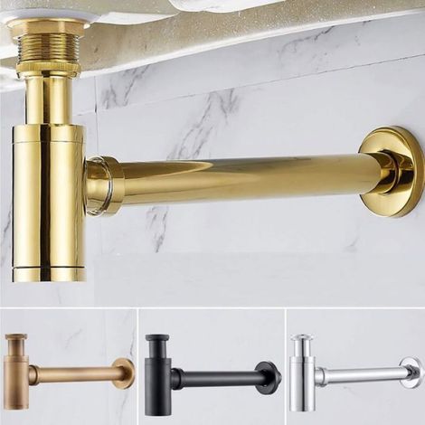 Siphon à bouteille en laiton - Siphon rond - Siphon de lavabo - Siphon P-Trap - 3,8 cm - Piège à odeurs - Piège à déchets - Tube d' (1/5)
