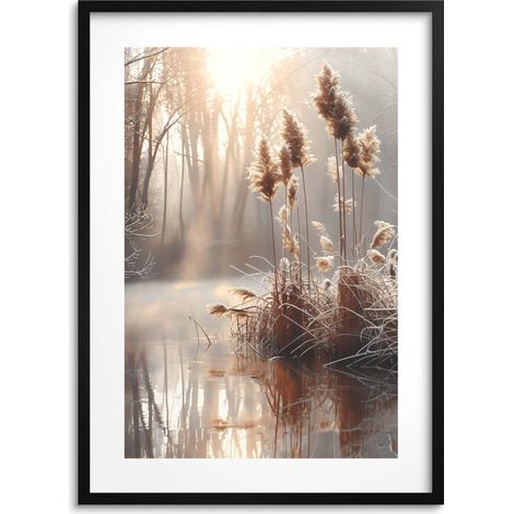 Póster de hierba beige con marco negro de 50 x 70 cm, ideal para sala de estar y oficina. (1/5)