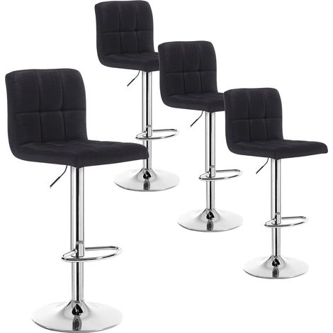 Lot de 4 Tabourets Bar WOLTU, Tabouret Siège en Lin et Pied en Métal Ajustables en Hauteur, avec Dossier, Noir (1/5)