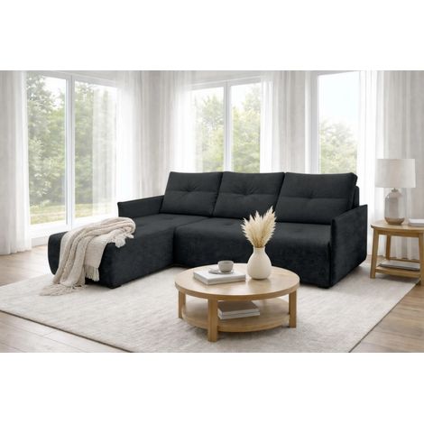 AX LIVING Ecksofa Damascus Schwarz mit Schlaffunktion Bettkasten Schlafsofa 212 cm links
