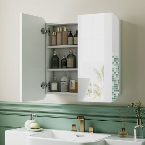 Armoire de bain avec miroir, design avec bords courbés, 2 portes, étagères ajustables 68x13x66 cm blanc (1/5)