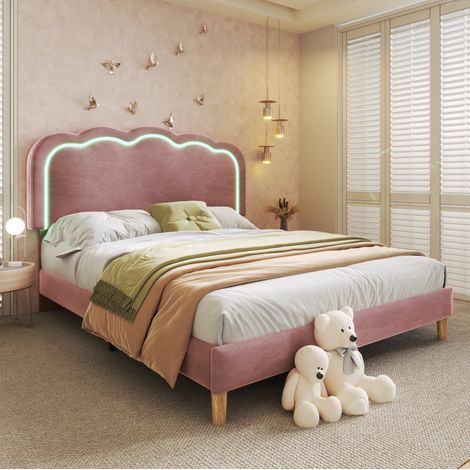 CHICFURN Cama 140x200 cm de terciopelo rosa con LED, cabecero ajustable y somier (1/5)