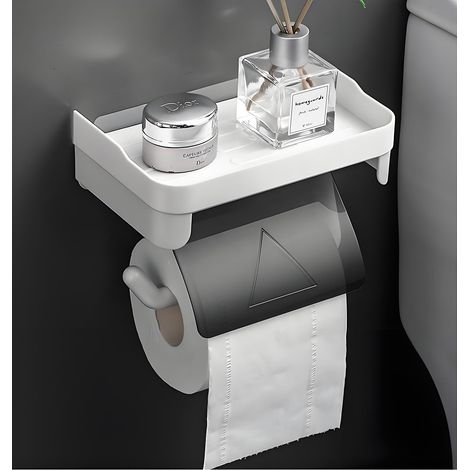 Porte-papier toilette blanc avec étagère et couvercle gris - Porte-papier toilette sans perçage - Porte-rouleau de papier toilette autocollant - Montage mural - Grand espace pour papier toilette (1/5)