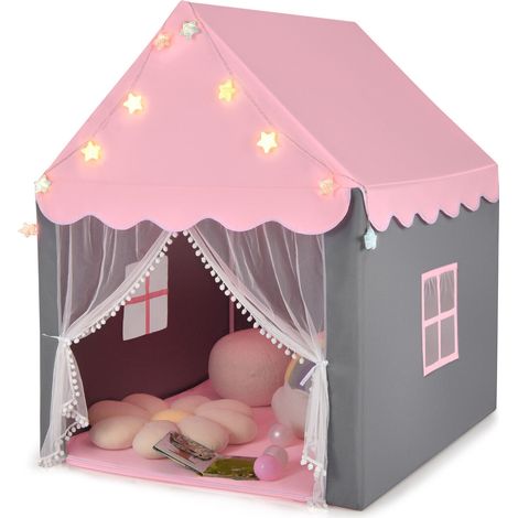 COSTWAY Kids Playhouse Tent w/ Washable Mat & Star Lights-Pink (1/5)