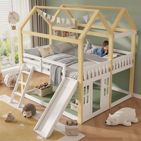 Lit Mezzanine Enfant 90 x 200 cm structure maison toboggan et échelle réversibles aire de jeu sous le lit blanc et bois naturel (1/5)