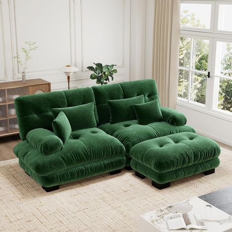 Canapé d'angle Cloud,Canapé modulable Moderne 2 Places avec Pouf,canapé sectionnel avec 2 Coussins lombaires et 2 oreillers décoratifs,Chenille,pour Salon,Vert (1/5)