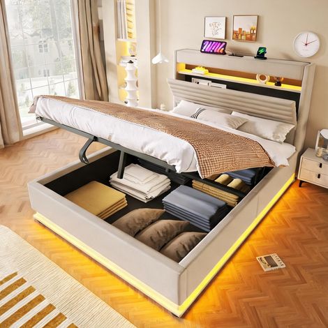 Cadre de lit beige en lin 218 x 142 x 113 cm (1/5)