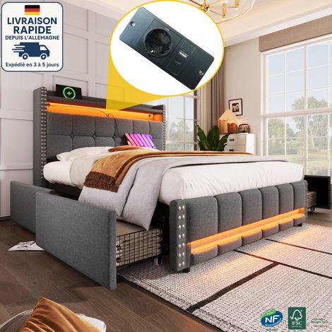 Cama adulto 140x200 cm con cabecero con balda de almacenaje y 4 cajones, con LED y USB, lona de lino, color gris (1/5)