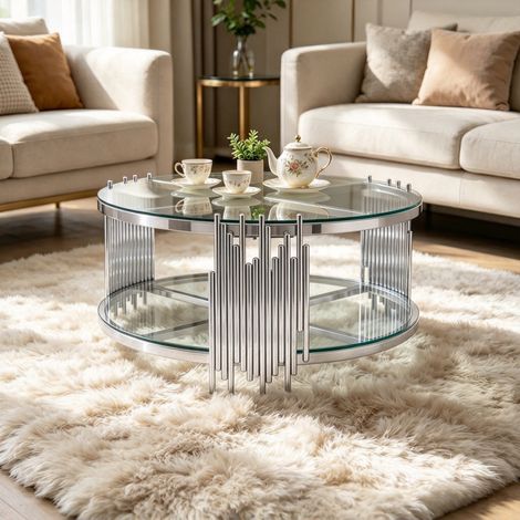 Double Plateau : Table Basse Ronde de Salon en Verre Trempé Noir et Acier Robuste, Rangement Moderne (1/5)
